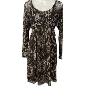INC International Concepts Ikat Empire Babydoll Long Sheer Sleeve Brown Dress L